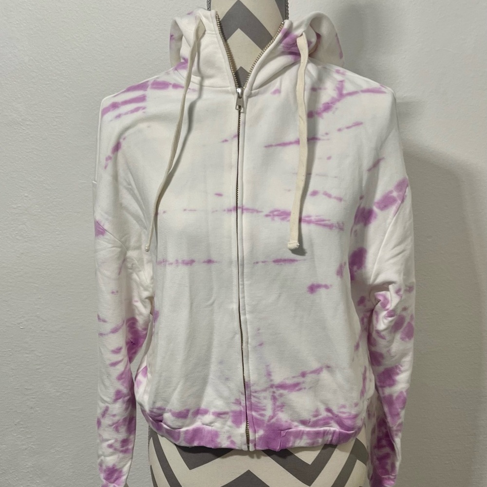 Monrow Purple and White Tie Dye Cropped Zip Thru Hoodie